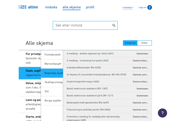 Skjermdump av kategori-navigering av den nye skjemaoversikten